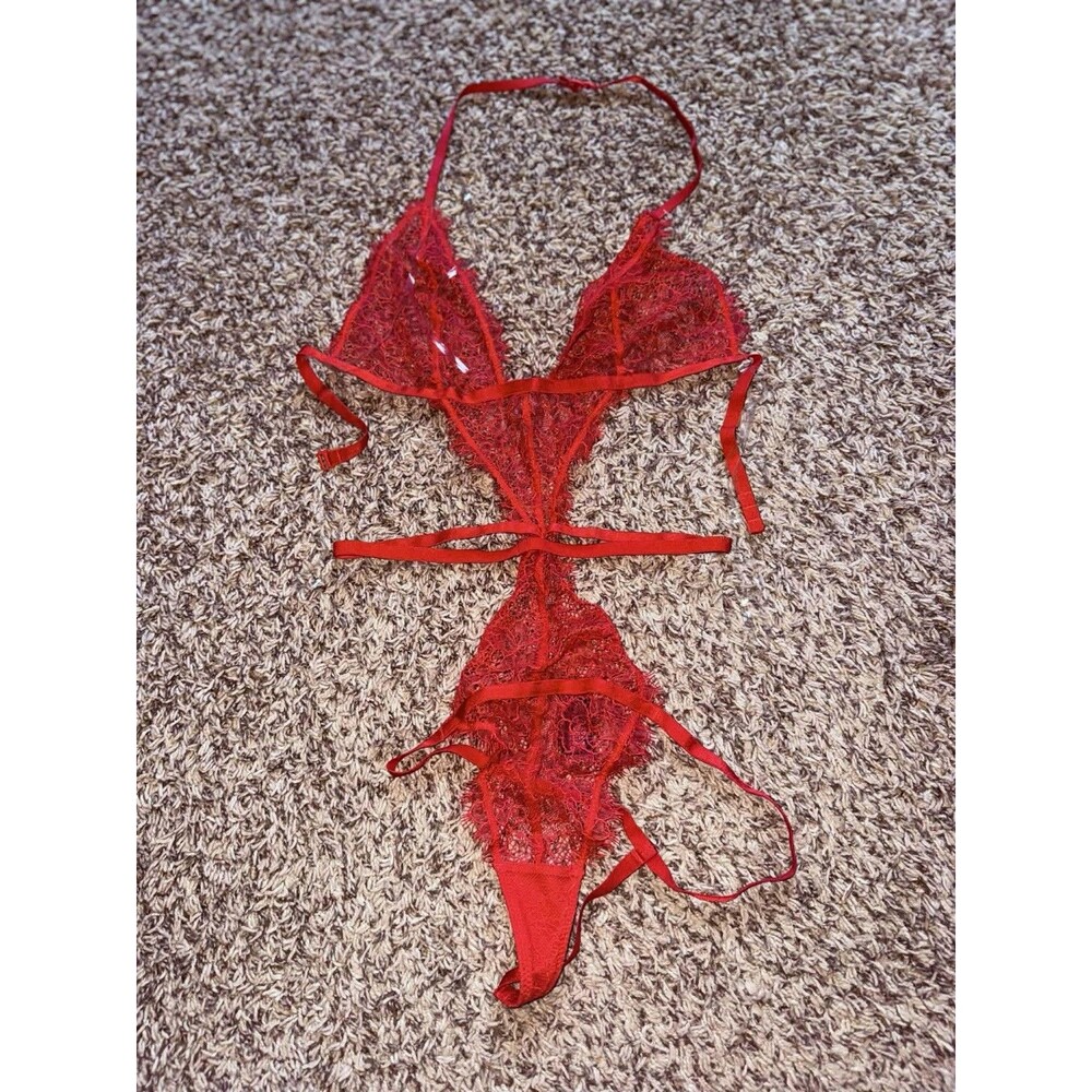Victoria's Secret's Sexy bands Teddy Lingerie Size Small Lace Sheer Thong Red